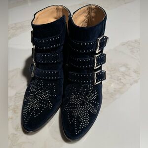 Chloe Midnight Blue velvet Studded Ankle Boots